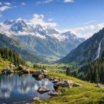 Panoramic view of Arang Kel with green meadows, pine forests, alpine lake, and snow-capped mountains under a clear blue sky