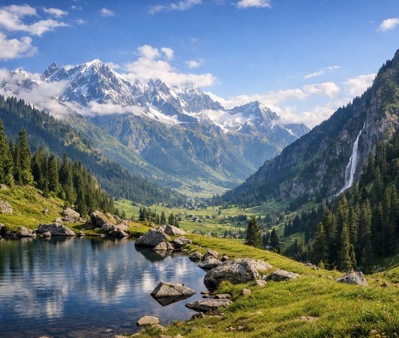 Panoramic view of Arang Kel with green meadows, pine forests, alpine lake, and snow-capped mountains under a clear blue sky