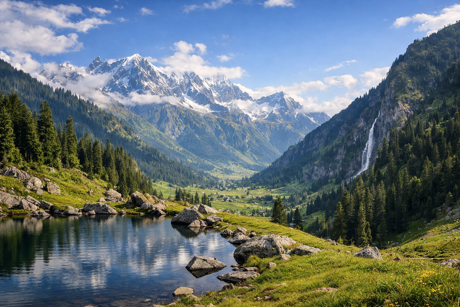 Panoramic view of Arang Kel with green meadows, pine forests, alpine lake, and snow-capped mountains under a clear blue sky